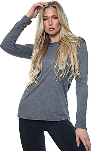 Ladies Womens Plain Long Sleeve Round Neck Top Basic T Shirt Layering Plus Sizes UK 8-18 (XL (UK 16-18), Charcoal)