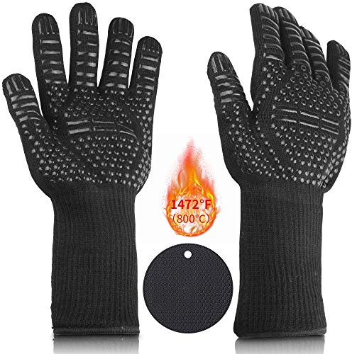 Liesun Guanti da Barbecue, Guanti da Forno, Resistenza al Calore Fino 1472°F /800°C, per Cucina,Forno a microonde, Griglia, Camino, Liberare Un Tappetino in Silicone (1 Paio, Nero)