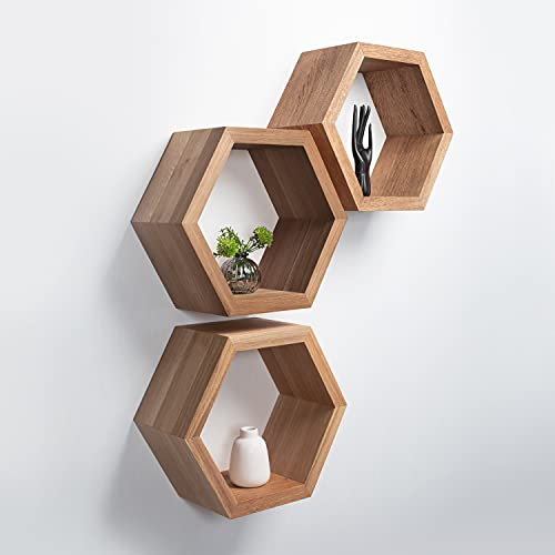 Rikmani Wandregal Hexagon Massivholz Eiche sechseckig Handgefertigtes Regal Bücherregal Holzregal Wandboard Deko-Waben Regal Modulare-Geometrische Regale LEIM'S- S dunkel