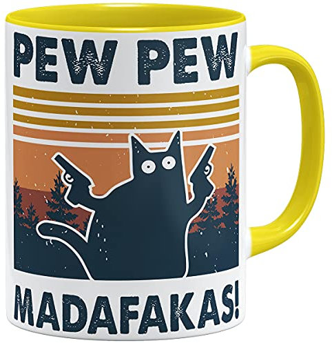 OM3® Pew Pew Madafakas Kaffee-Tasse mit Spruch Statement II - Keramik Becher - 11oz 325ml - Beidseitig Bedruckt - Gelb