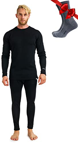 Merino.tech 100% Merino Unterwäsche Herren Set - Schwergewicht Thermounterwäsche Merinowolle, Langarm Shirt und Hose + Wandersocken aus Merinowolle (XX-Large, 320 Black)