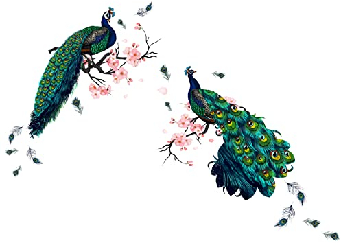 PLIGREAT 2 Blatt Pfau Mit Blumenn Ast Wandtattoo Schöner Grüner Pfau Wandaufkleber für Wohnzimmer Schlafzimmer Sofa Hintergrund Wanddeko Große Größe Kleiderschrank Kunst Dekor, 90x29 cm