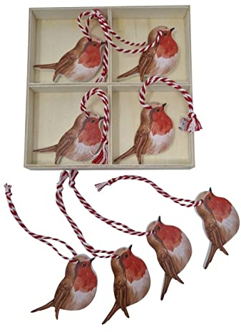 8x 6cm Robin Christmas Tree Decoration Wooden Bird Festive Ornament Baubles Xmas