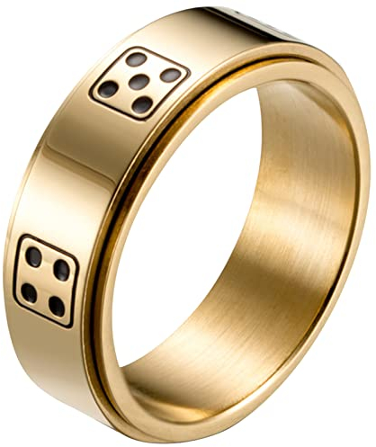JewelryWe Würfel Fidget Angst Ring: 8MM Gold Edelstahl Drehbarer Glückswürfel Fingerring Anti Stress Spinner Ring Unisex Glücksring Spinnring Band Gravur Schmuck Geschenk für Herren Damen Größe 57