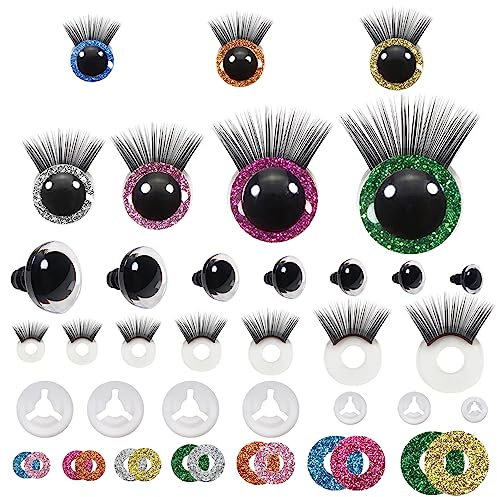TOAOB 28 Stück Glitzer Sicherheitsaugen für Häkeltiere 12 mm bis 30 mm Puppenaugen Sicherheitsaugen Kunststoff Basteln Augen Spielzeug Augen mit Wimpern Puppe für Marionette Plüschtier Teddyaugen