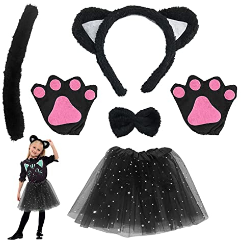 TSHAOUN Gatto Cosplay Set, Costume Giochi Gatto Peluche Artiglio Guanti Gattino Orecchie Coda e Fiocco Tutu per Dress Up Carino Costume Party Decoration Set per Bambini Donne Ragazze (Gatto)