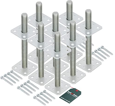 KOTARBAU® 8er Set Pfostenträger 80 mm x 80 mm x 250 mm Gewinde M24 mm Verzinkt Stützenfuß Höhenverstellbar Bodenfuß Betonfuß Zum Aufschrauben Regulierbar