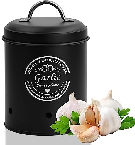 1 Pack Potato, Onion & Garlic Kitchen Storage Canisters, Vintage Vegetable Storage Tins with Lid, Metal Food Canister with Aerating Holes, Farmhouse Counter Pot (Garlic Black)
