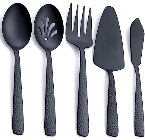 FULLYWARE Juego de utensilios para servir grandes en negro mate, juego de servicio para anfitriona grande de acero inoxidable, 5 piezas