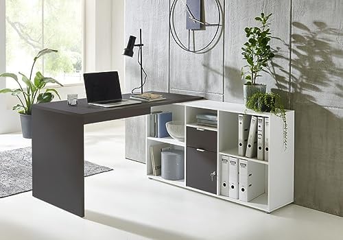 moebel-dich-auf Eckschreibtisch Lagos Schreibtisch Winkelschreibtisch inkl. Regal in verschiedenen Farbvarianten spiegelverkehrt montierbar (anthrazit/weiß)