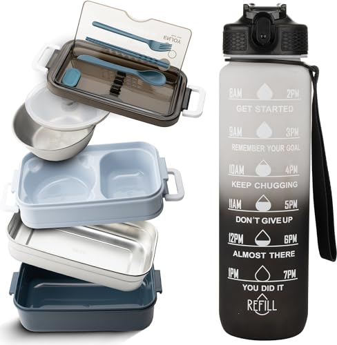 Indeka Home Bento Lunch Box Set - 3 in 1 Bento Lunch Box Set Including 1L Water Bottle, Cutlery Set, and 2L Lunch Box with Compartments - Perfect for Adults, Kids, Office and School.