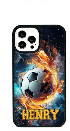 Personalised Football Fire Ball Name Surname Phone Case/Cover Compatible with (Rubber, iPhone 12/12 Pro)