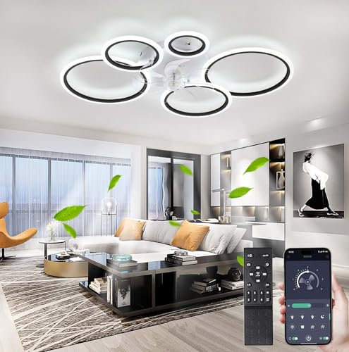 100cm Large Ceiling Fan with Light and Remote Control, Modern Round 5 Ring Design Fan Ceiling Lights, LED Dimmable Memory Function Living Room Fan Light, 6 Speeds Quiet Reversible DC Motor-Black