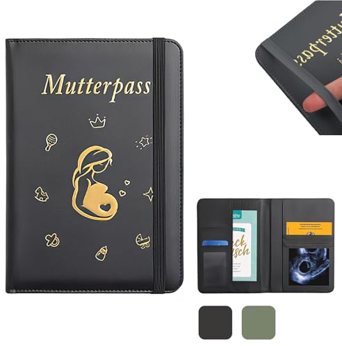 Mutterpass Schutzhülle, Mutterpasshülle aus Kunstleder, Deutscher Mutterpass, Mutterkindpasshülle mit 9 Fächern, Als Schwangerschaft Verkünden Geschenk für Schwangere und Werdende Mütter(Schwarz)