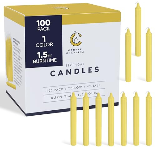Candle Charisma 100 Yellow Spell Candles - 4 Unscented Paraffin Chime Candles, Smokeless & Dripless, Colored Candles, Long Burn Time 0.43 Thick Taper Candles for Rituals,Birthdays and Parties