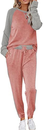 Ekouaer Schlafanzug Damen Langarm Pyjama Set Hausanzug Weich Zweiteiliger Bequem Loungesets Rund Ausschnitt Nachtwäsche Rosa M