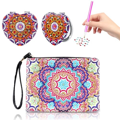 suaywo 1 Satz Diamond Painting Tasche 5D Diamond Art Painting Handtasche DIY Diamant Painting Kleine Kosmetiktasche Kosmetiktasche Diamant Painting Spiegel fur Basteln Mädchen 6 7 8 9 10 11 12 Jahre