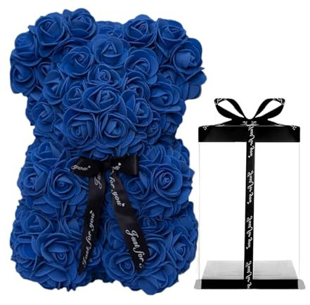 Générique Ours en Rose, Rose Flower Bear Teddy, Romantiques Rose Ourson avec Boîte-Cadeau Transparente pour Saint-Valentin, Anniversaire, Fête des Mères, Anniversaires, Petite Amie (H- Bleu Roi)