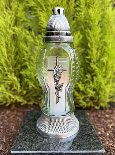 Lampada da tomba con croce, colore argento, candela funerale, senza base, candela inclusa