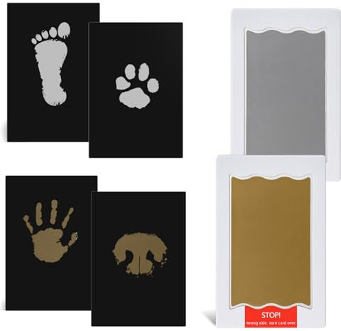 Nabance Pfotenabdruck set Hund, Fußabdruck Baby 2 pcs Gold und Silber Stempelkissen mit 4 Karten Handabdruck Fussabdruck Baby Hundeschnauze Druck Kit Abdruck set Geschenk für Haustiere Besitzer