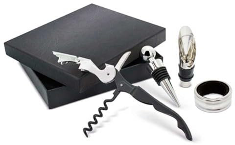 Pack de 24 set de vinos presentado en caja individual. Incluye anillo antigoteo, tapón, sacacorchos y dosificador. Regalo para invitados a Bodas, Comuniones y eventos.