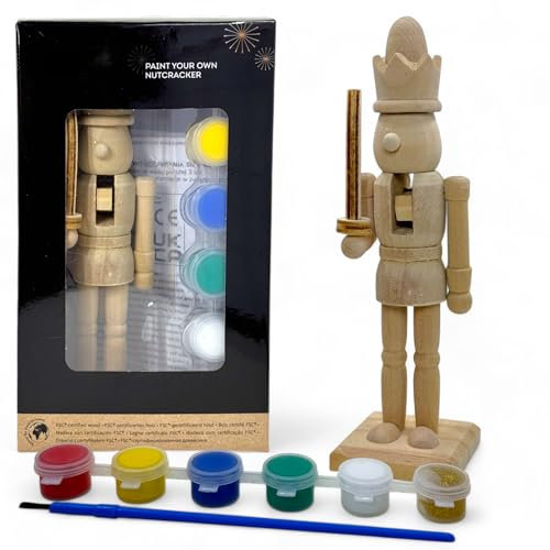 MIJOMA DIY Nussknacker Set aus Holz zum Selbstgestalten & Bemalen mit 6 Farben & Pinsel, 16cm hoch, Weihnachtsschmuck, Christbaumschmuck, Weihnachtsdekoration, Weihnachtsanhänger (König)