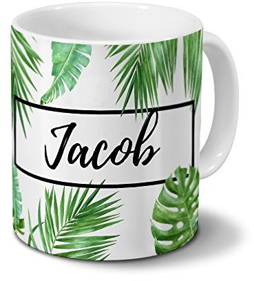 printplanet Tasse mit Namen Jacob - Motiv Dschungel Floral Leaf - Namenstasse, Kaffeebecher, Mug, Becher, Kaffeetasse - Farbe Weiß