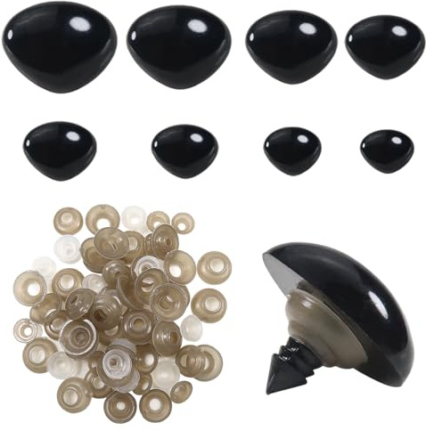 TOAOB 33 Stück Sicherheitsnasen für Häkeltiere 7-24 mm Schwarz Kunststoff | mit Unterlegscheiben, für Amigurumi Basteln, Puppennasen Teddynasen für DIY Kreative Handwerk