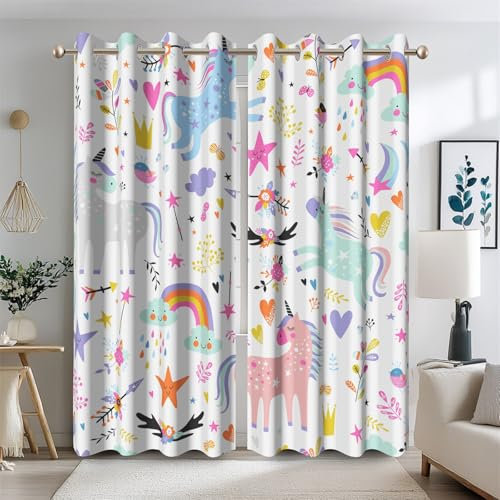Ttincceer U-nicorn Vorhang für Kinder Schlafzimmer Cartoon Regenbogen Wolke Blackout Vorhang für Mädchen Zimmer Bunte U-nicorns Fenster Vorhänge für Kinderzimmer Zimmer 2 Panels 117x138cm