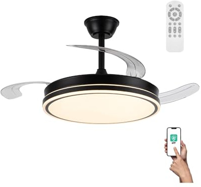 wonderlamp Ventilador con aspas retráctiles, Smart control APP y Mando a distancia, Ventilador de techo con luz silencioso 72W Miso Evo Negro, Memoria de encendido, 3 CCT, Intensidad Regulable