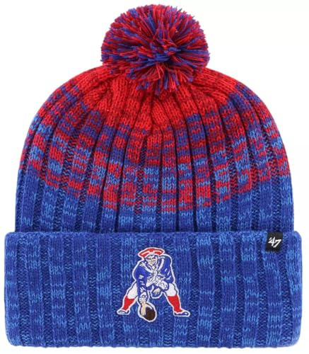 47 New England Patriots Strickmütze mit Bommel, mit Bommel, NFL 1965, Wintermütze mit Bündchen, Blau