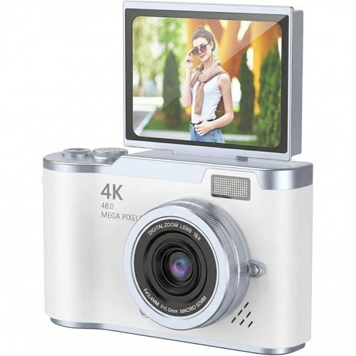 Bewinner 1080P Digital Kamera für die Fotografie, 48MP Vlogging-Kamera mit 2,4 Flip-Bildschirm, 18x Digital-Zoom-Autofokus Kompakte Reise Kameras für Anfänger (White)