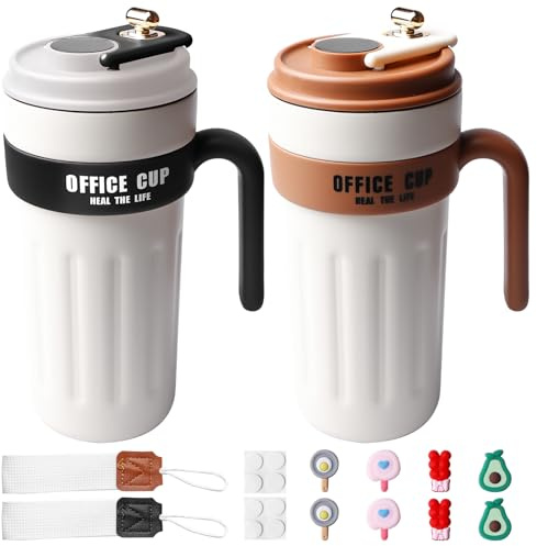 2 Stück Kaffeebecher to go Thermo: WIYETY Kaffeebecher to Go 650ml mit Griff, Termokaffeebecher 316 Edelstahl mit Digitalanzeige für Kaffee Tee Glühwein, Heiß, Weiß Schwarz + Weiß Kaffeefarbe