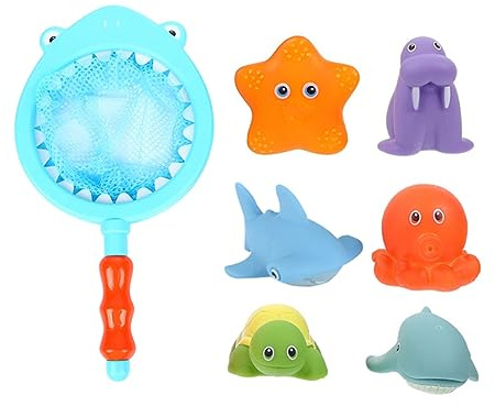 JUMPLAWN Lustiges Badespielzeug Satz Aus Umweltfreundlichem Material Mit 12 Bunten Schwimm Tieren Und Netz Zum Spielen in Wanne Und Pool
