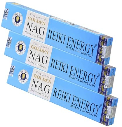 NKlaus 3X Golden Nag Reiki Energy Räucherstäbchen 45g – Handgerolltes Räucherwerk aus Indien – Energetisierender Duft für Meditation, Reiki, Yoga