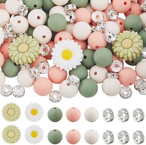 PONABEADIY 144PCS 6 Styles Silicone Daisy Beads for Jewellery Making | 1 Box with Rondelle Rhinestone Sunflower Flower Shaped Round Focal Charms Spacer Bead for Beadable Pen Keychain Diy Craft