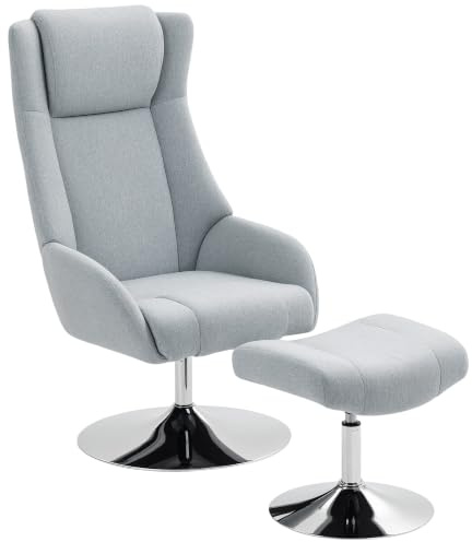 HOMCOM Relaxsessel mit Hocker, 360°drehbarer TV-Sessel, Kopfstütze, Grau | Hohe Rückenlehne, Fernsehsessel, Samtoptik, Metallsockel, Polstersessel für Wohnzimmer