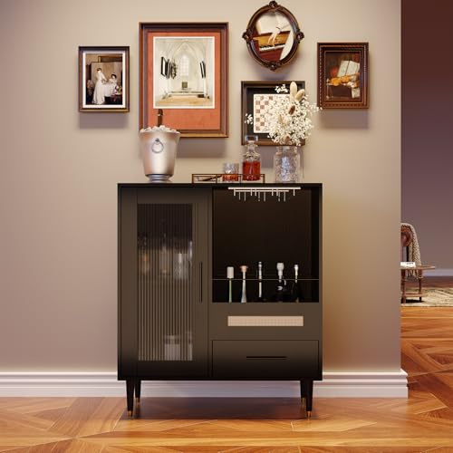 Garvee Wine Bar Cabinet with Tempered Glass Door & Rack, 30.7 Freestanding Modern Buffet Sideboard for Dining Room, Kitchen Coffee Bar & Liquor Storage Cabinet with Drawers and Glass Holder