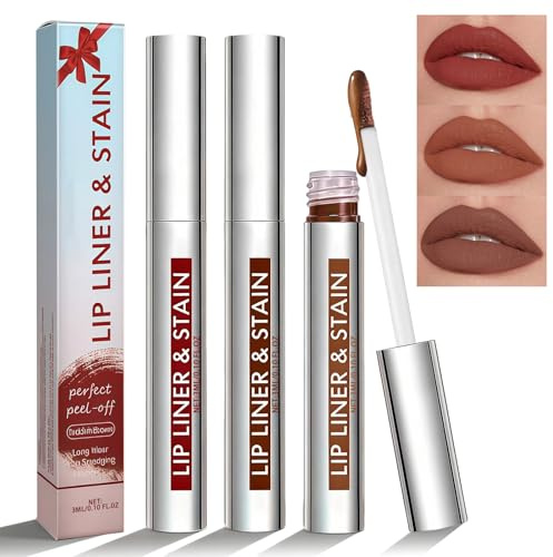 3Pcs Peel Off Lip Liner Fleck,Langlebiger Tattoo Lipliner,Wasserdichter Peel Off Matte Finish Lippenfleck, lippenstift zum abziehen,Highly Pigmented Tint(Kakao, Rotbraun, Nude)