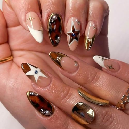 Aribliseza Press-On Nails, 24 Pieces, Long, Tapered Fake Nails, Nail Design for New Year's Eve, Y2K Style, Brown Star Pattern