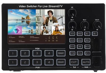 Depisuta Video-Umschalter, 1080P 4-Kanal-HDMI-Live-Stream-Umschalter, 5-Zoll-Bildschirm, OSD, Echtzeit-Vorschau, Video-Mixer, Unterstützt PST, PGM, PTZ-Steuerung für Mehrere Kameras (EU-Stecker)