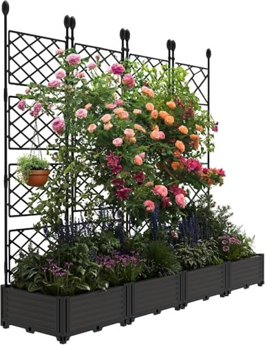 Juego de 4 jardineras elevadas con enrejado, Versión mejorada y reforzada, 168 cm de ancho x 160 cm de alto para plantas trepadoras, jardín vertical para exteriores con pantalla de privacidad patio