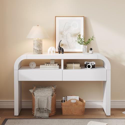 Merax Table console avec tiroirs, table de couloir étroite blanche avec façade incurvée, table console moderne en bois pour couloir, entrée et salon, buffet avec pieds réglables