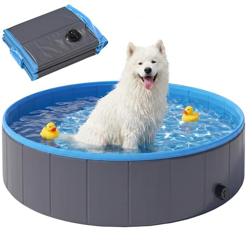 PawHut Foldable Dog Pool for Puppies and Ducks, Thickened PVC Dog Paddling Pool Bath Tub Hard Board, Anti-Slip Bottom and Hose Adapter for Easy Drainage, 120 x 30cm, Dark Grey and Blue