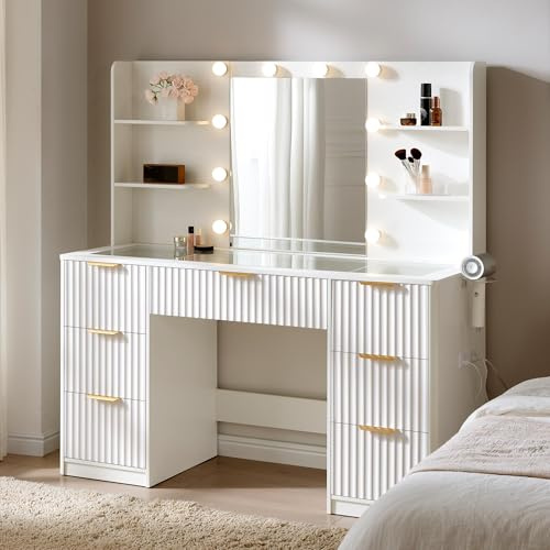 LUXOAK Schminktisch mit Spiegel & 10 LED-Lampen, Großer Frisiertisch mit Glasplatte & Steckdose, 7 Schubladen & Föhnhalterung, Moderner Kosmetiktisch für Schlafzimmer (Weiß, 120 x 39.8 x 136.4 cm)