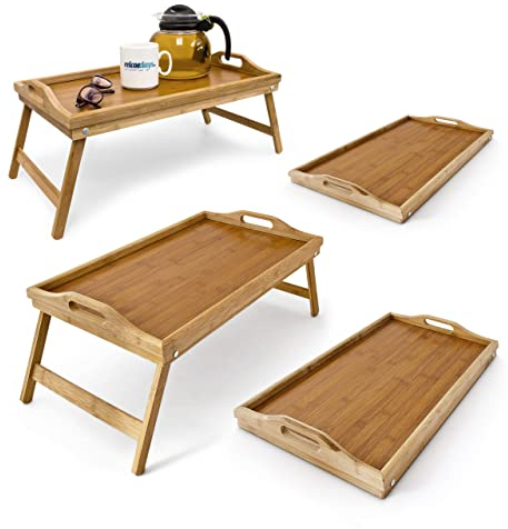 Relaxdays 4 x Betttablett klappbar, Essenstablett mit Füßen, Frühstück im Bett, Bambus & MDF, HxBxT: 23 x 60 x 30 cm, Natur