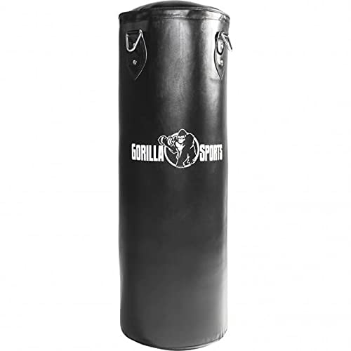 GORILLA SPORTS® Boxsack - 27kg / 37kg, Gefüllt, Hängend, mit Heavy Duty Vierpunkt-Stahlkette und 4 Karabinerhaken, Kunstleder, Schwarz - Punchingsäcke, Punching Bag, Sandsack, Boxing Bag, MMA