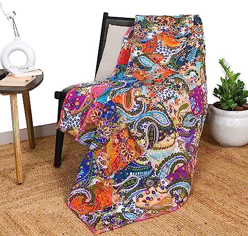 RAJRANG BRINGING RAJASTHAN TO YOU Wende-Patchwork-Steppdecke, 127 x 152 cm, dekorative Vintage-Baumwolldecke für Sofa, Couch