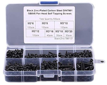 Lot de 500 vis autotaraudeuses M3 en acier au carbone plaqué zinc noir à tête bombée avec étui de rangement, 6 mm, 8 mm, 10 mm, 12 mm, 16 mm, 18 mm, 20 mm