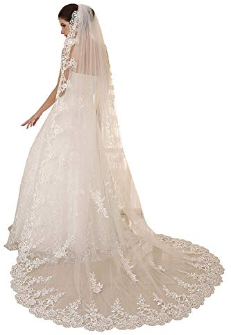 EllieHouse Hochzeitsschleier für Damen, 1 Etage, weiß, elfenbeinfarben, 3 m/4 m/5 m, Spitze, lang, Zug, Brautschleier mit Kamm, S114, Elfenbein, 3